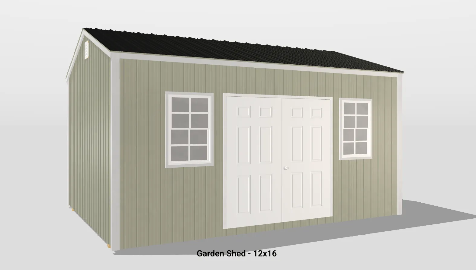 Sleek sage green 12x16 garden shed with double doors and windows for natural light.