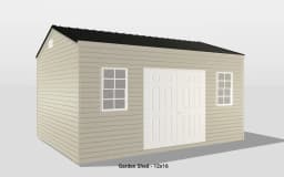 Modern beige garden shed with double doors, windows, and a black metal roof for outdoor storage.