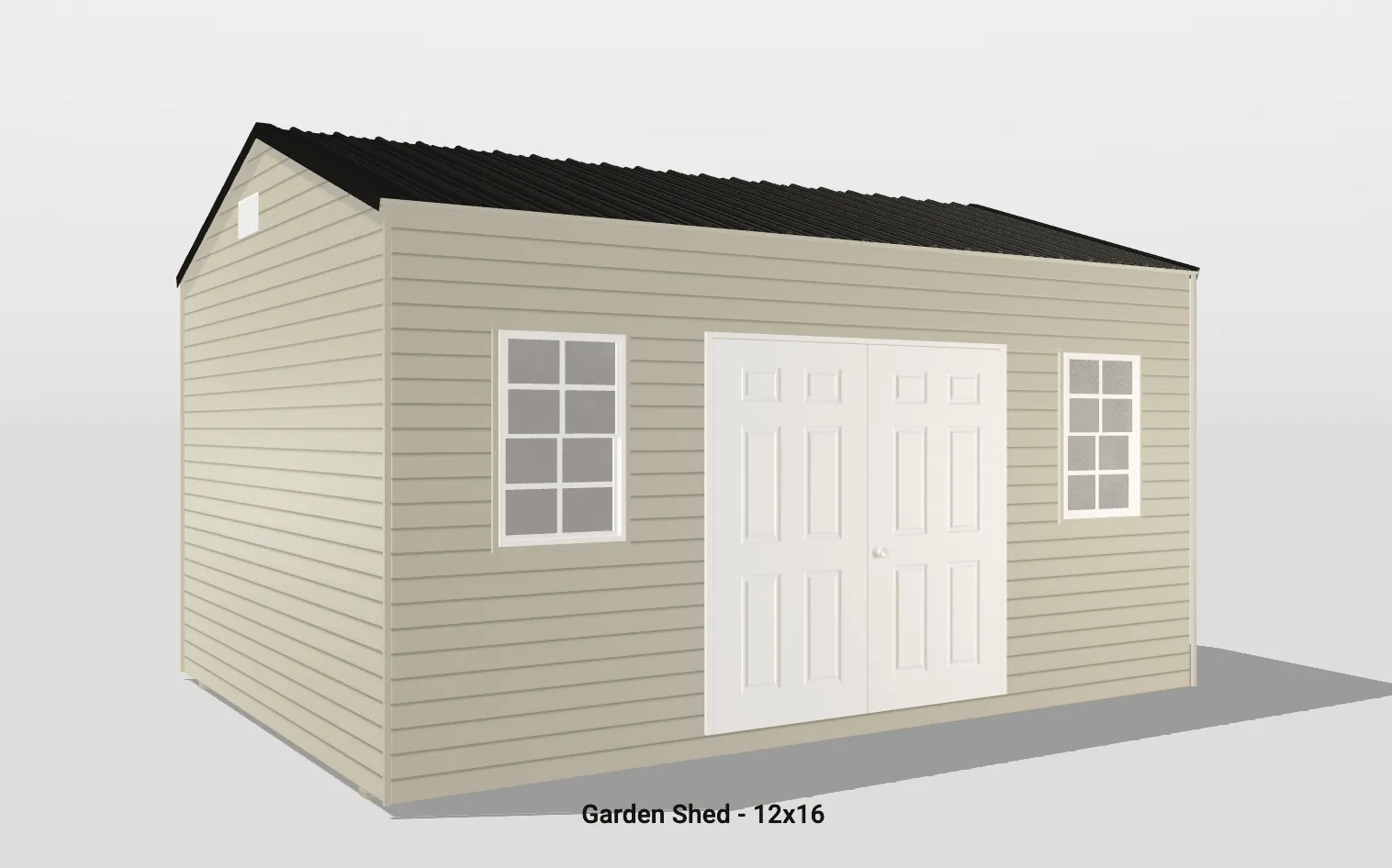 Modern beige garden shed with double doors, windows, and a black metal roof for outdoor storage.
