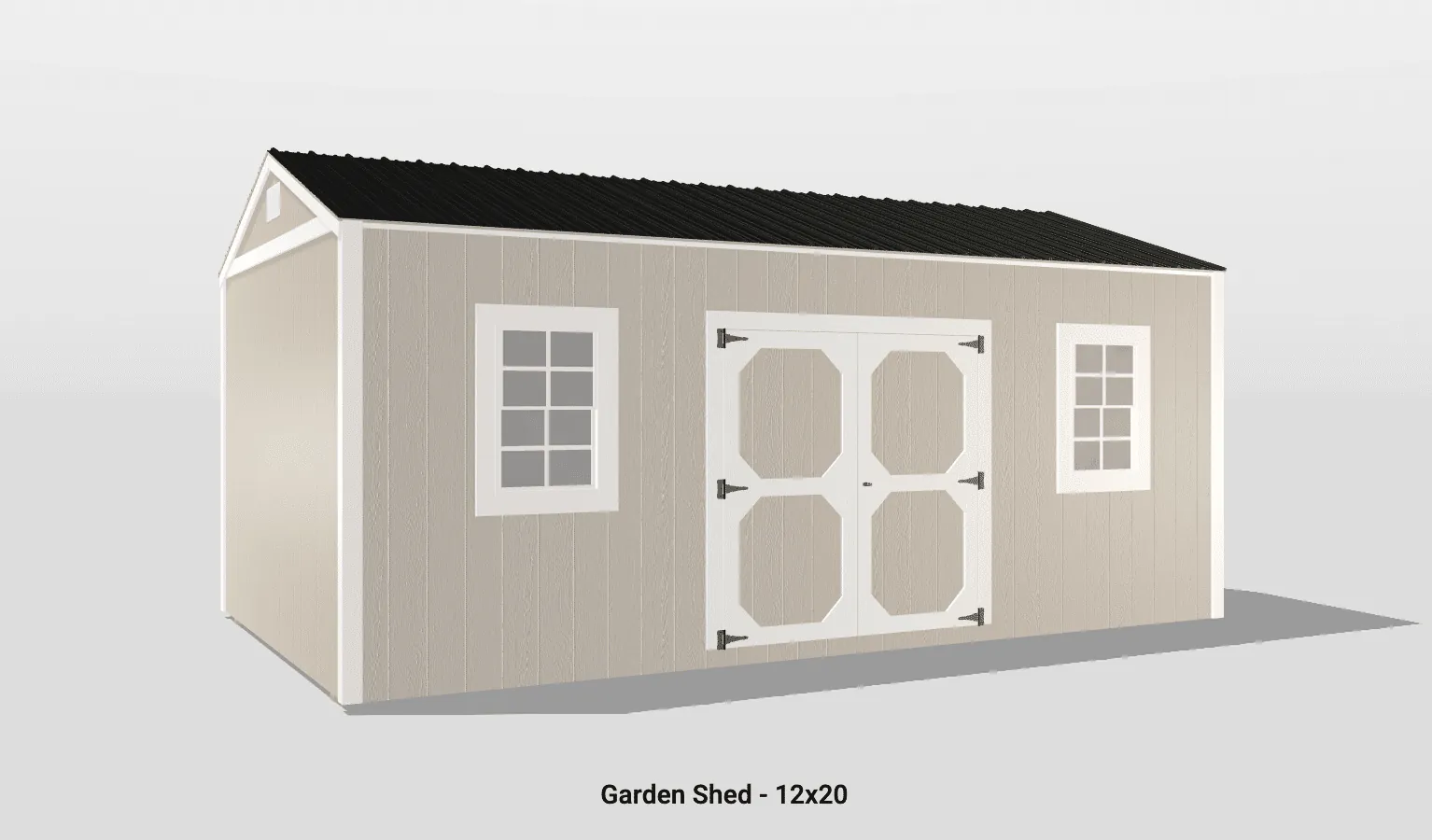 Spacious 12x20 garden shed with large double doors, windows, and a stylish A-frame roof.
