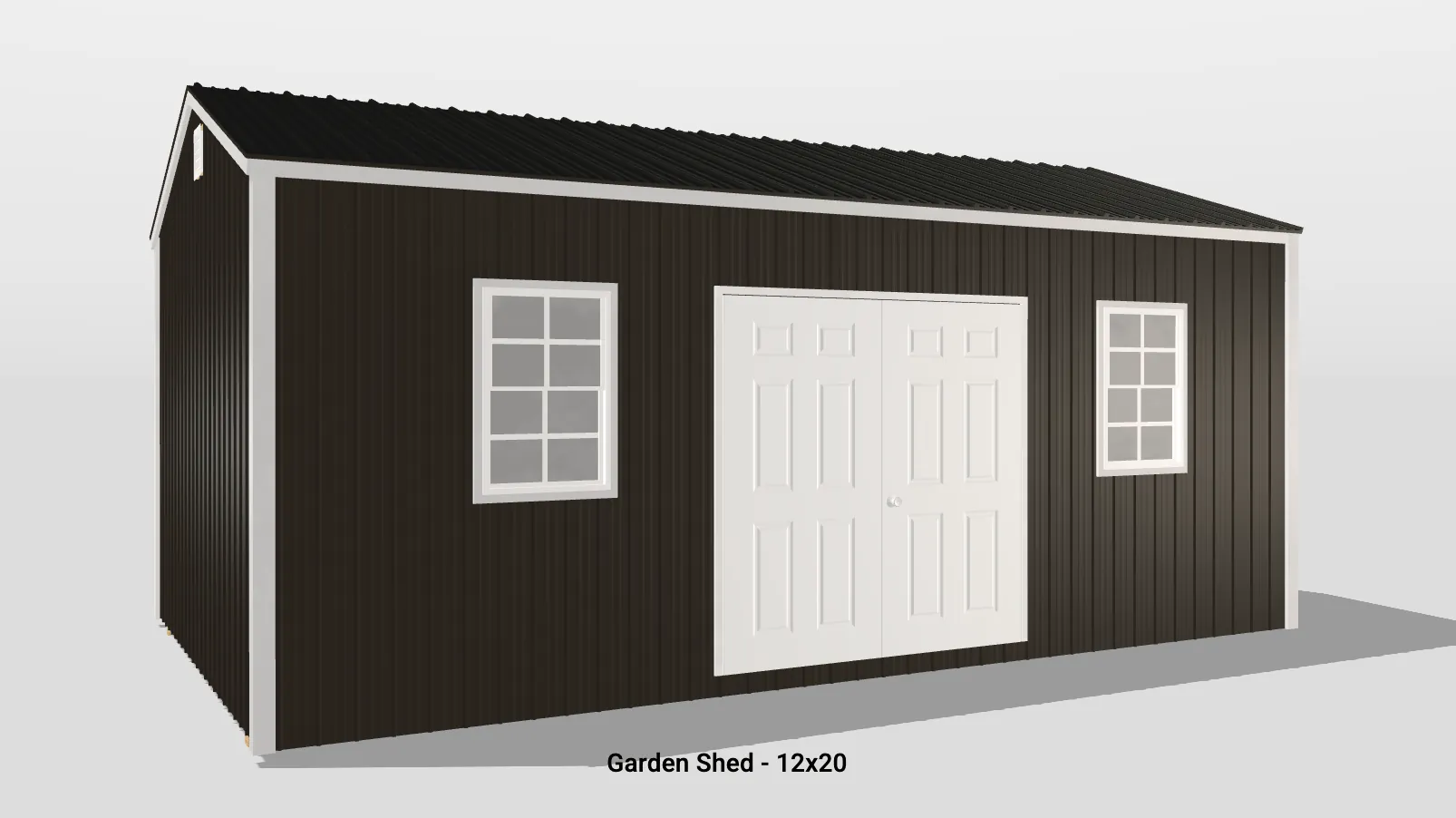 Stylish 12x20 wooden garden shed with double doors and windows for natural light.