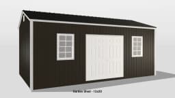 Stylish 12x20 wooden garden shed with double doors and windows for natural light.