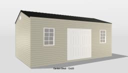 Charming beige garden shed with double doors and a dark roof, perfect for storage.