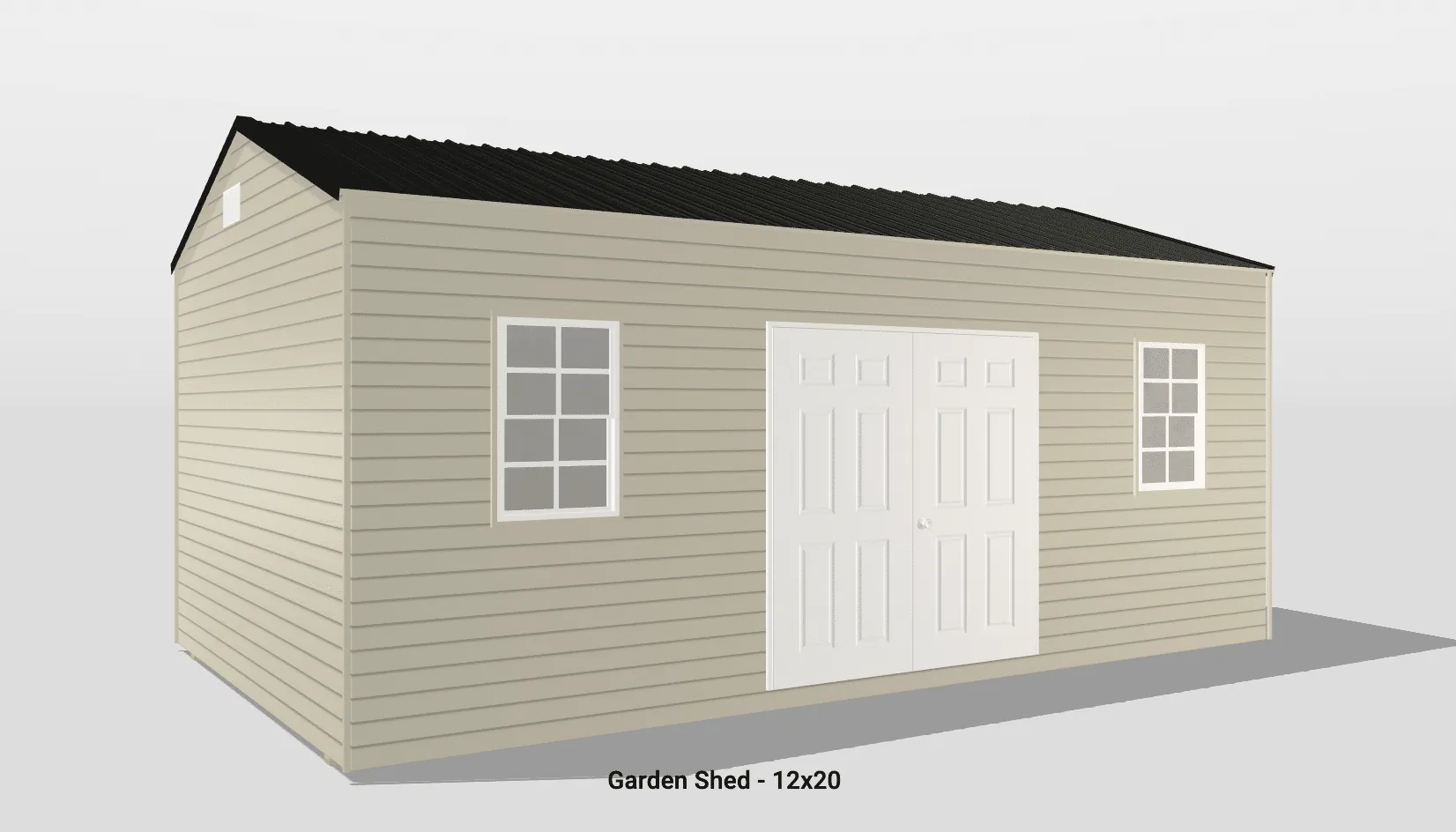 Charming beige garden shed with double doors and a dark roof, often chosen for storage.