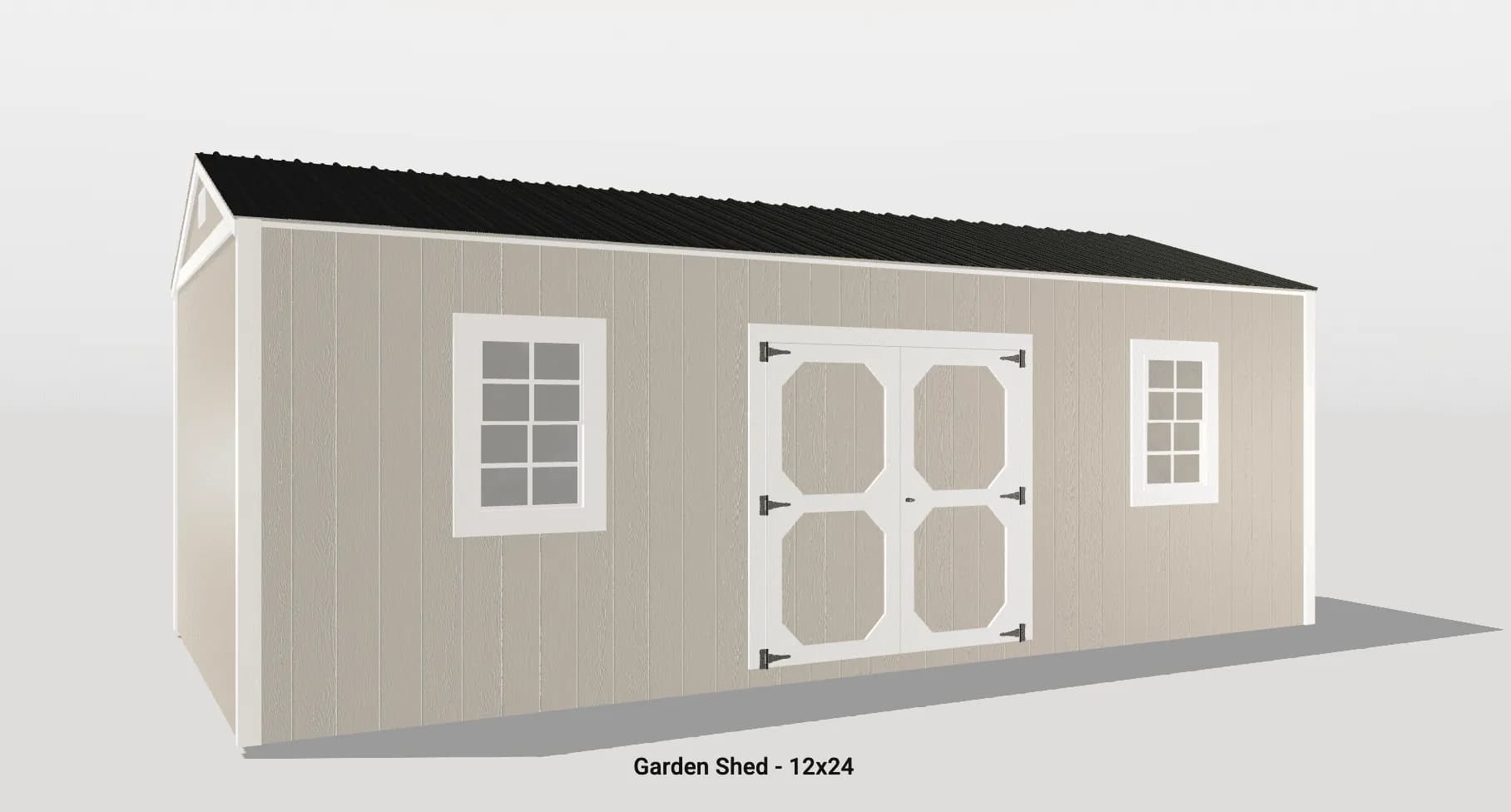 Charming beige garden shed with double doors, pitched roof, and ample storage space.