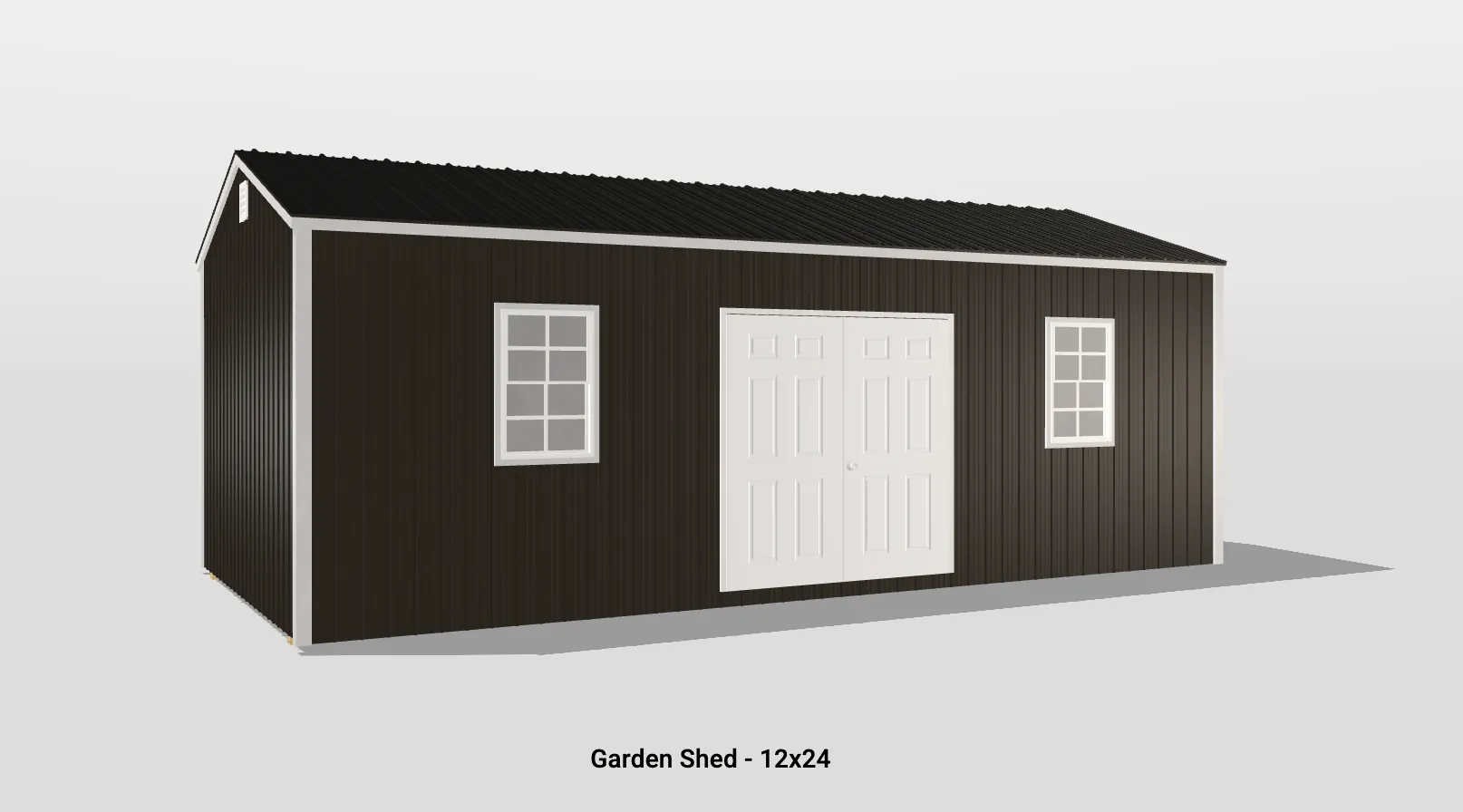 Sleek contemporary 12x24 garden shed with gable roof and bright white double doors.