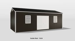 Sleek contemporary 12x24 garden shed with gable roof and bright white double doors.