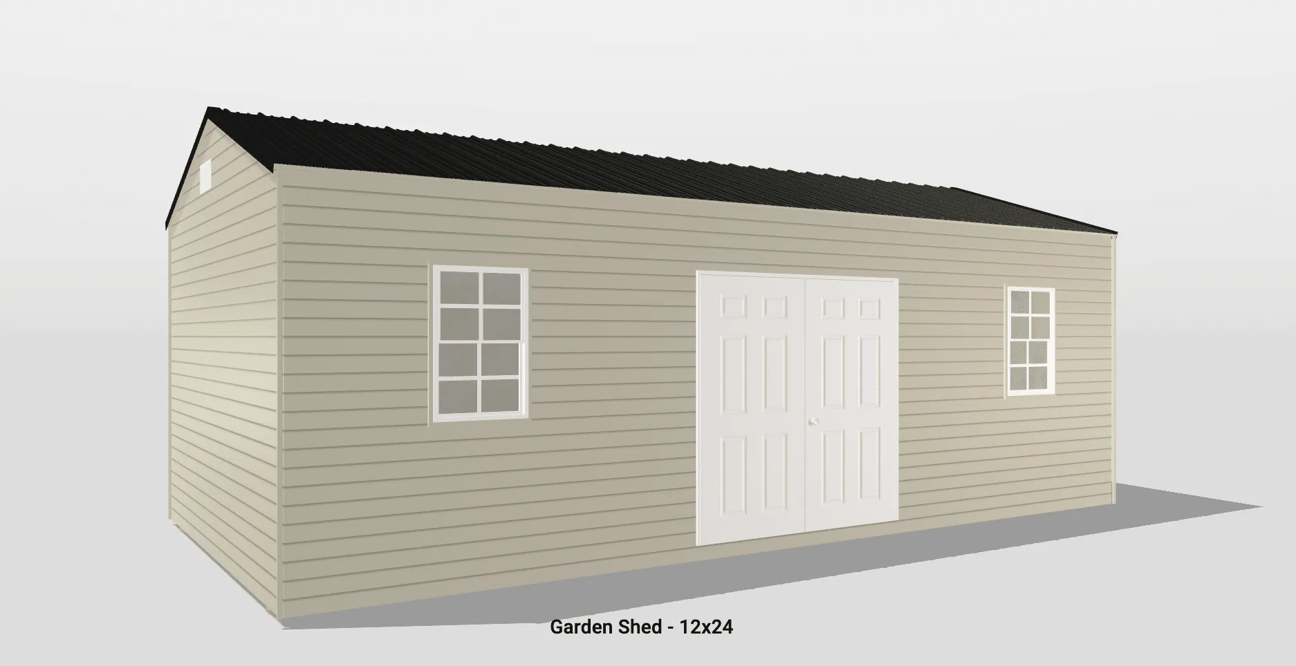 Modern beige garden shed with double doors, windows, and a gable roof for outdoor storage.