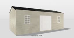 Modern beige garden shed with double doors, windows, and a gable roof for outdoor storage.