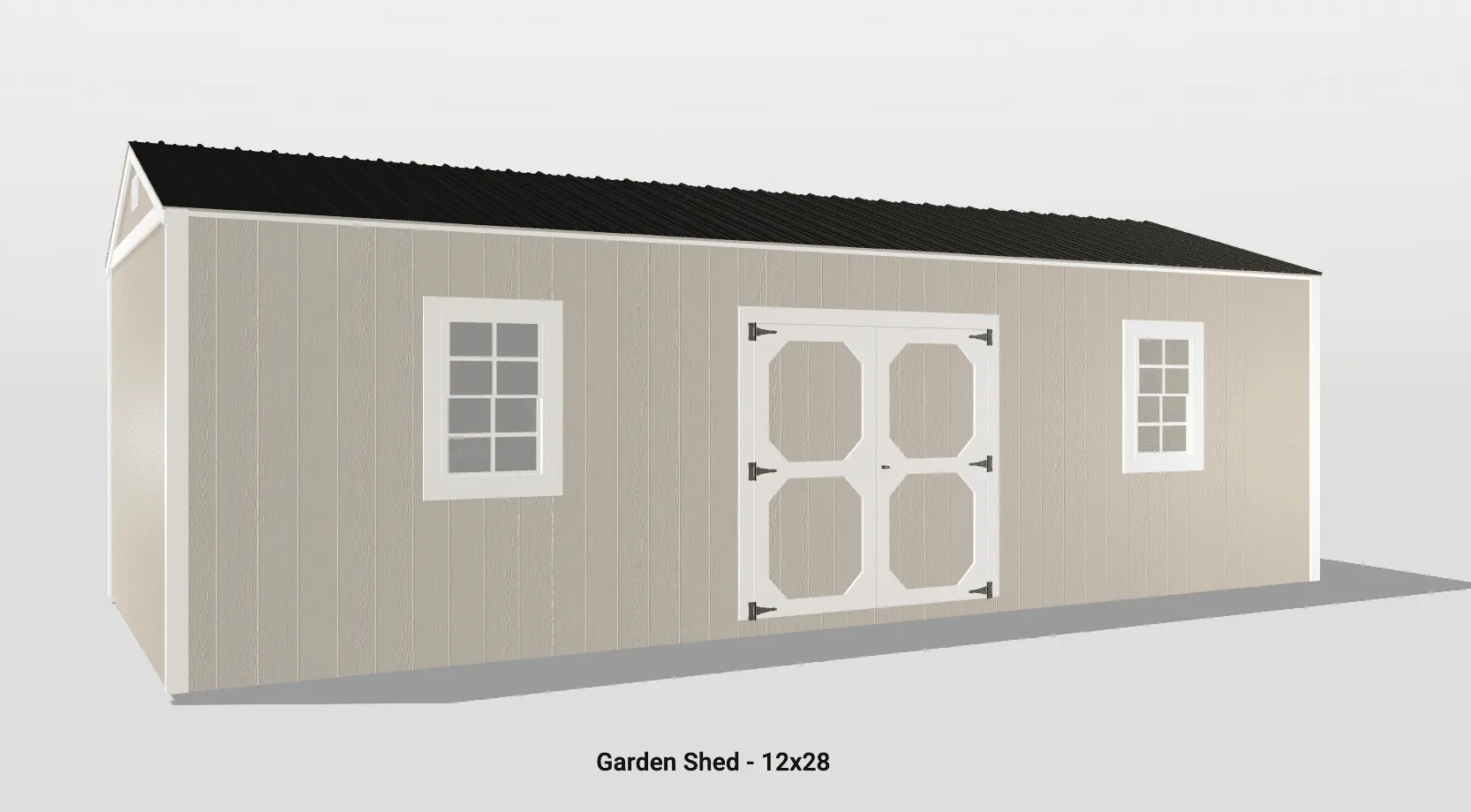 Beige garden shed with white windows and double doors, perfect for storage and utility.