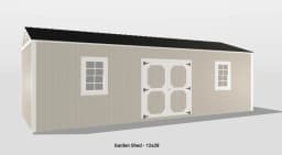Beige garden shed with white windows and double doors, perfect for storage and utility.