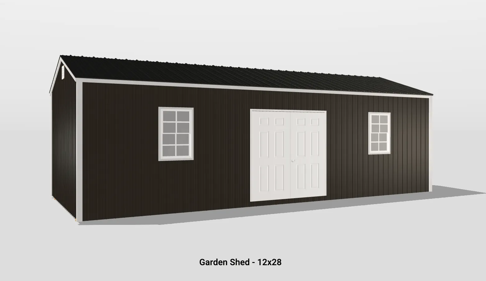 Chic black garden shed with white trim, gable roof, and double doors for easy access.