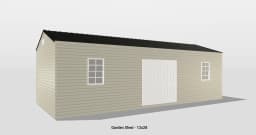 Chic beige garden shed with black roof, double doors, and windows for light and ventilation.