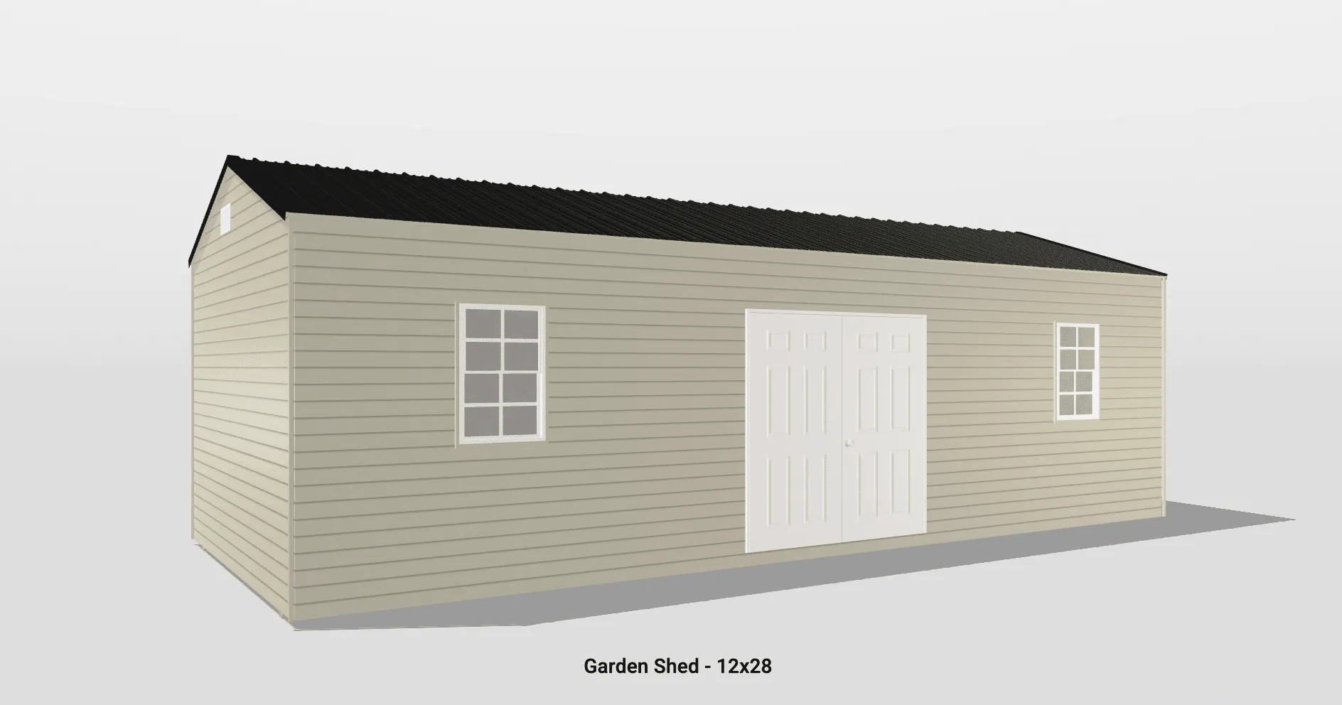 Chic beige garden shed with black roof, double doors, and windows for light and ventilation.