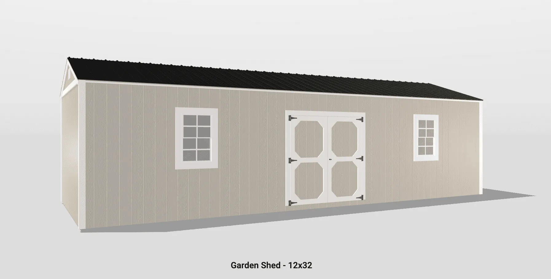Charming beige garden shed with rustic double doors and white-framed windows for natural light.