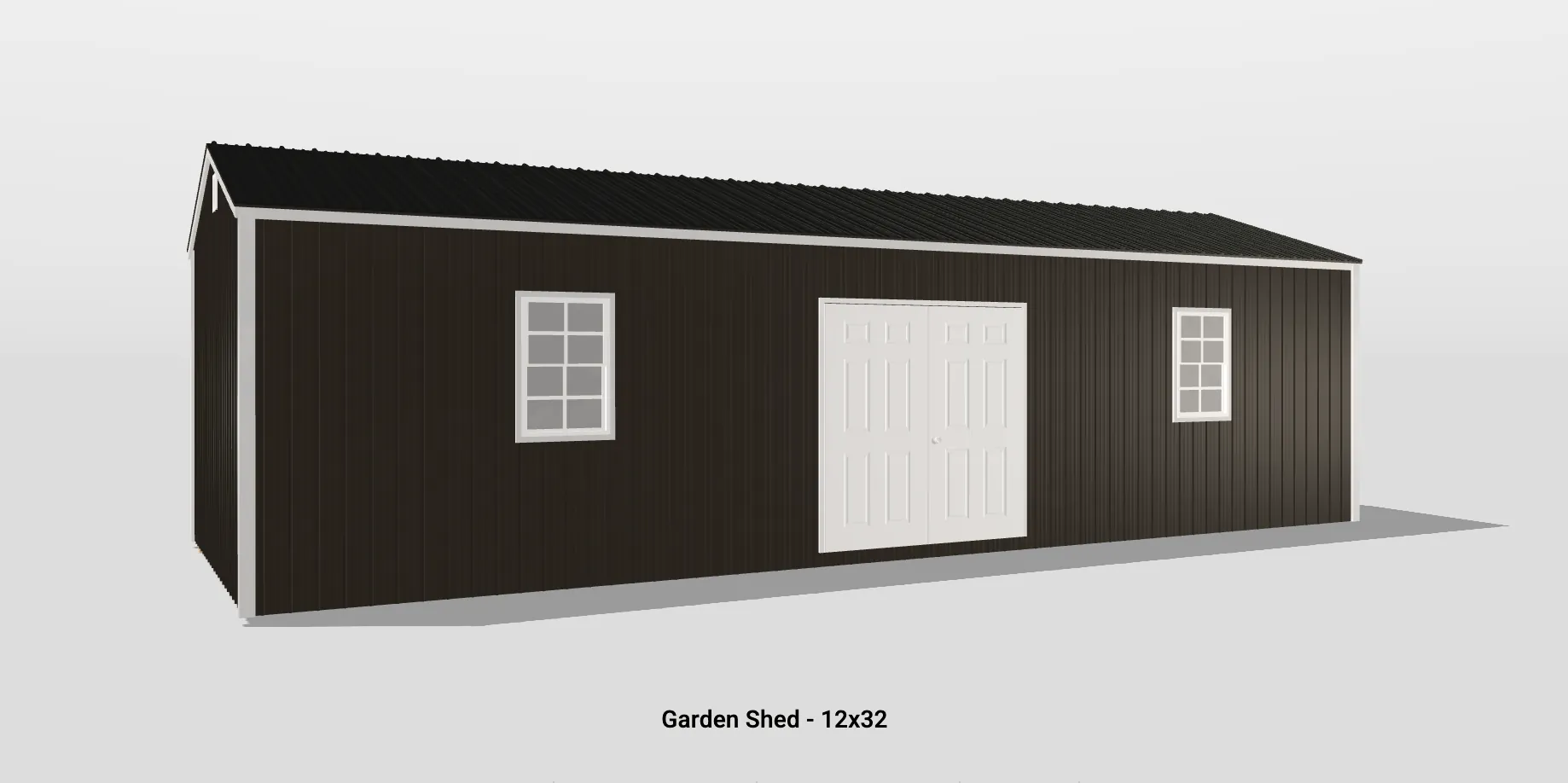 Contemporary black garden shed with white-framed windows and double doors, ideal for outdoor storage.