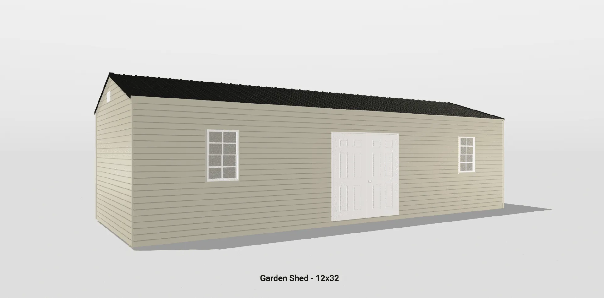 Beige garden shed with double doors, windows, and pitched roof, ideal for storage or workshops.