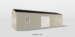Beige garden shed with double doors, windows, and pitched roof, ideal for storage or workshops.