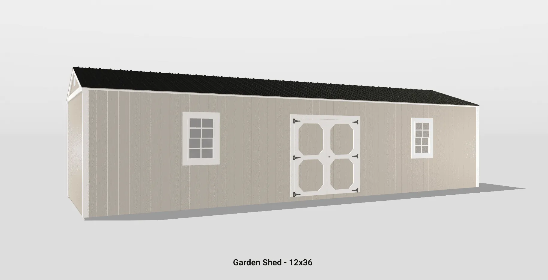 Charming beige garden shed with double doors, white windows, and a pitched dark shingle roof.