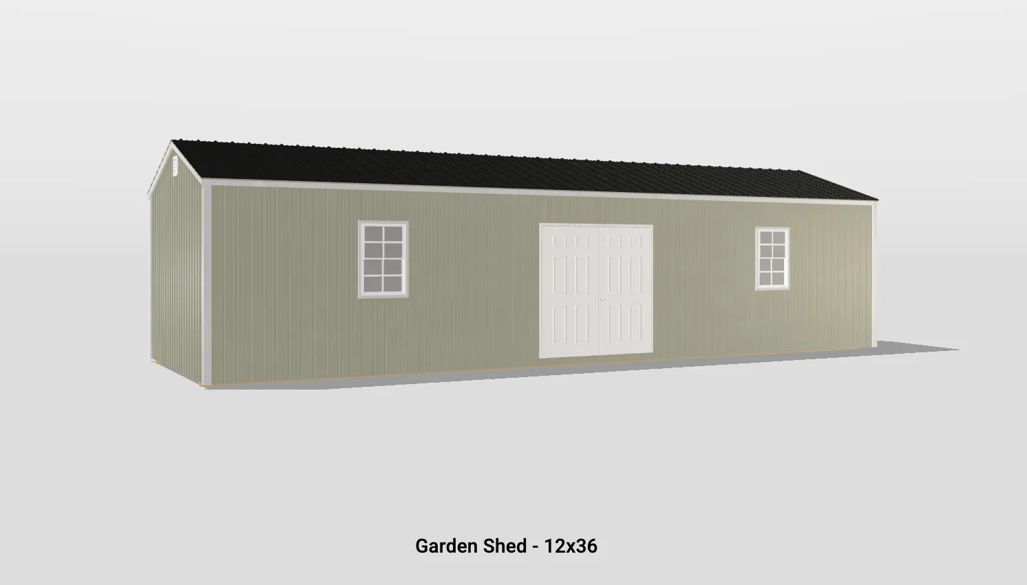 Stylish 12x36 garden shed with gray exterior, double doors, and ample storage for outdoor tools.