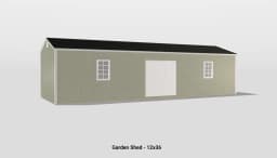 Stylish 12x36 garden shed with gray exterior, double doors, and ample storage for outdoor tools.