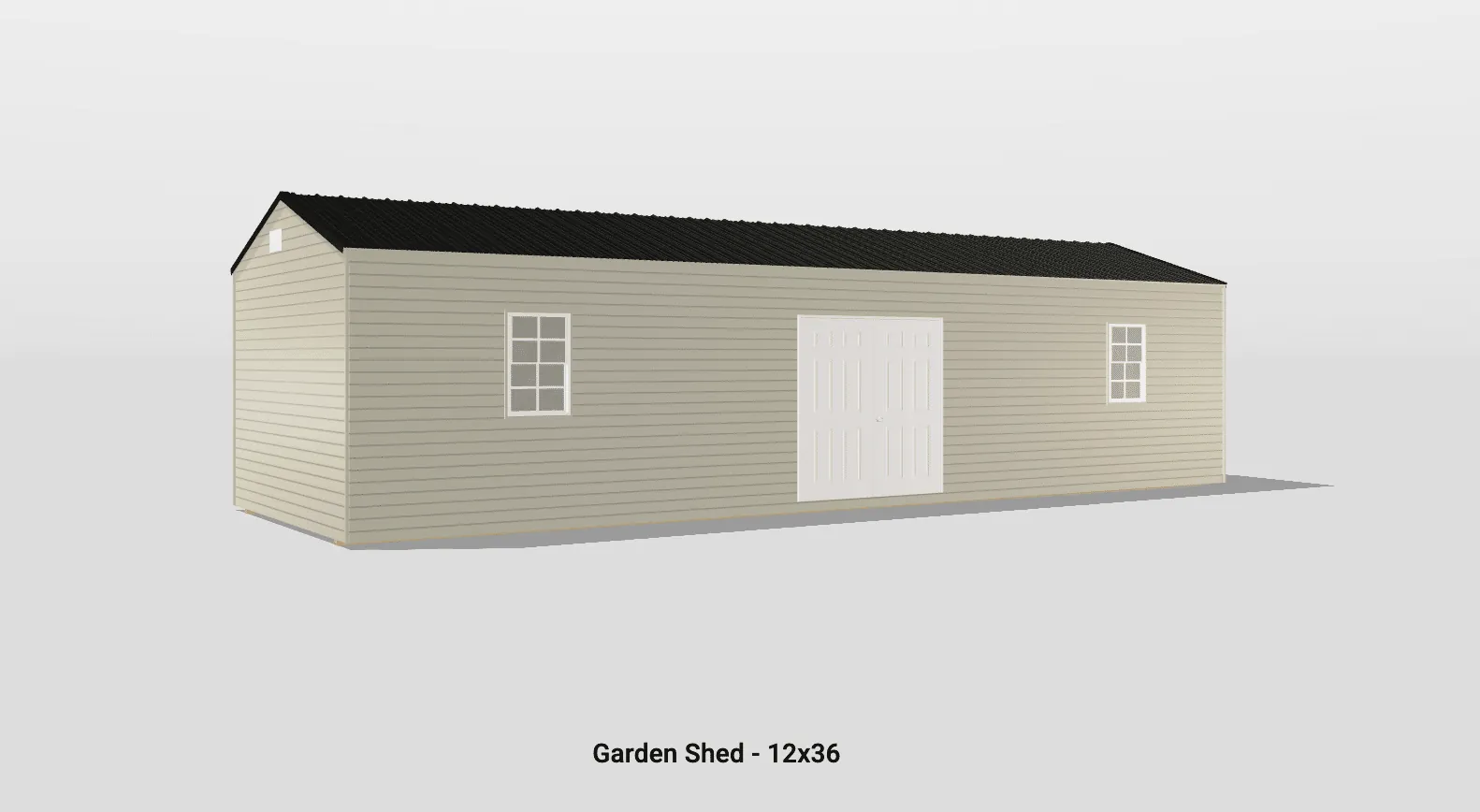 Elegant beige garden shed with double doors and windows, featuring a stylish black pitched roof.