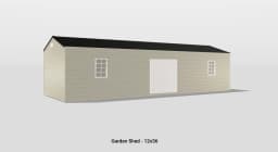 Elegant beige garden shed with double doors and windows, featuring a stylish black pitched roof.