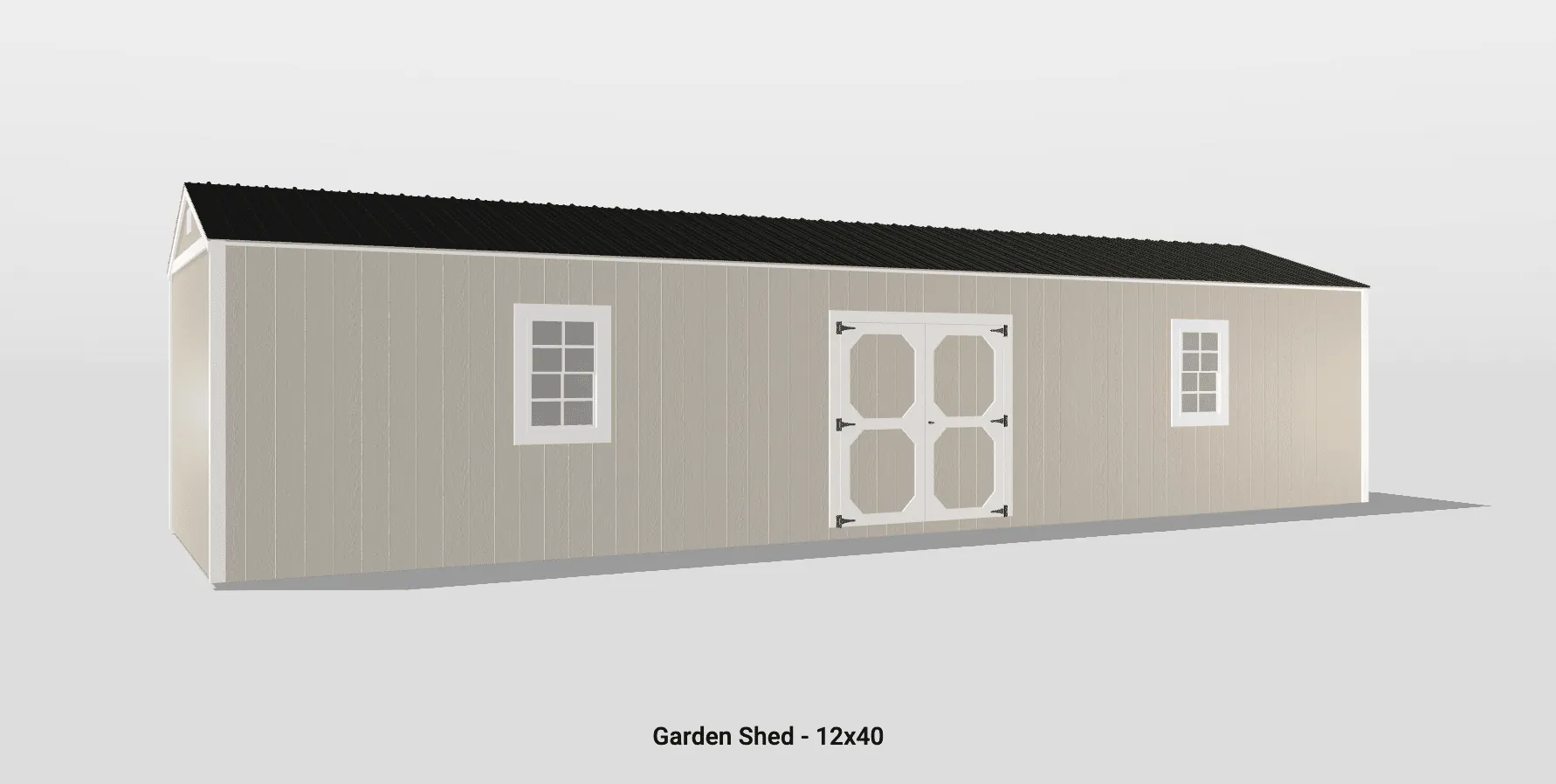 Modern 12x40 garden shed with double doors, windows, light tan siding, and black roof.