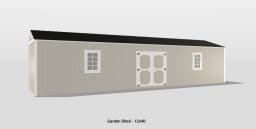 Modern 12x40 garden shed with double doors, windows, light tan siding, and black roof.