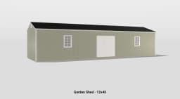 Elegant 12x40 garden shed with double doors, windows, and a stylish gabled roof.