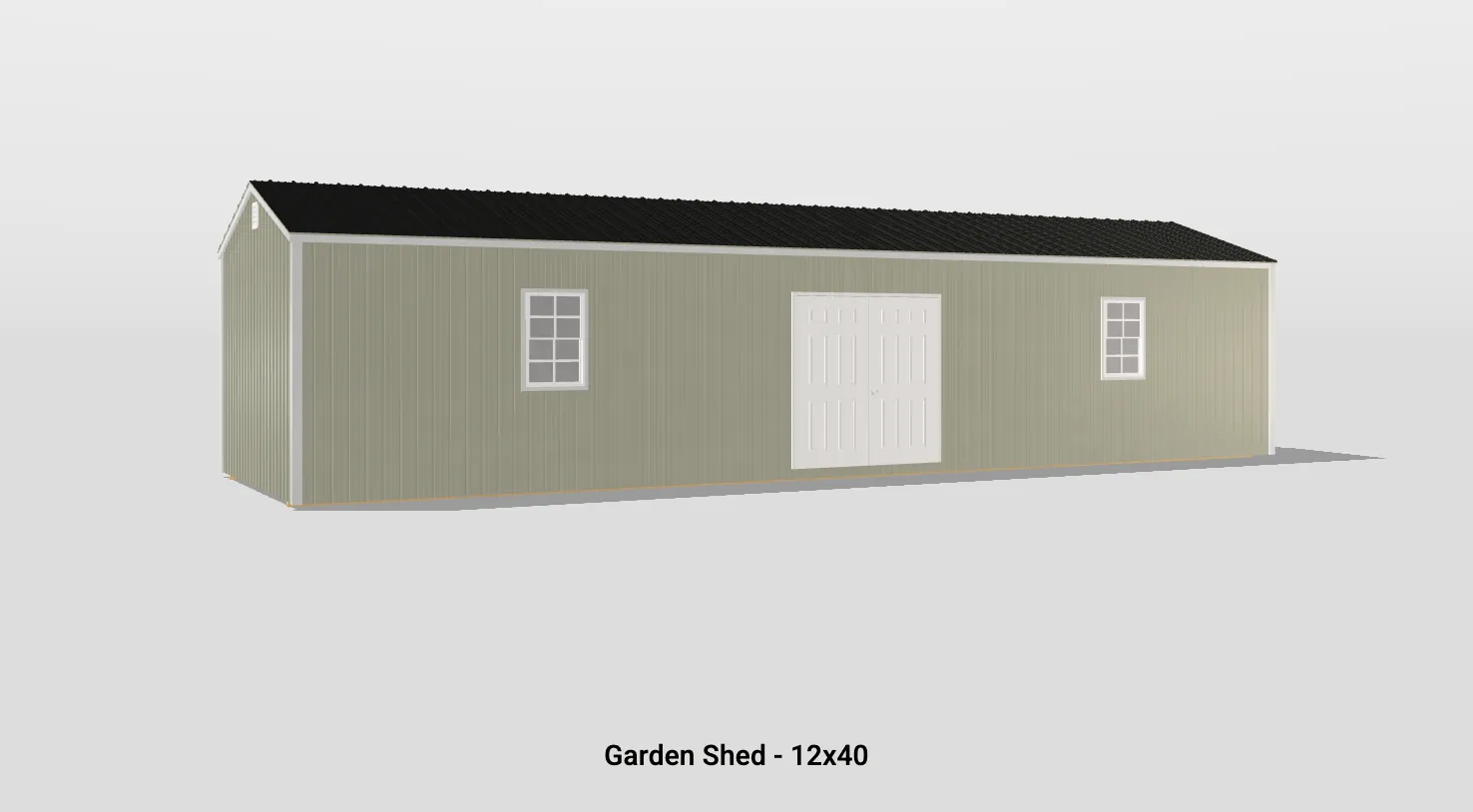 Elegant 12x40 garden shed with double doors, windows, and a stylish gabled roof.