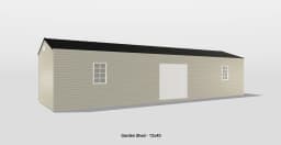 Stylish 12x40 garden shed with double doors, windows, and a sloped black roof.