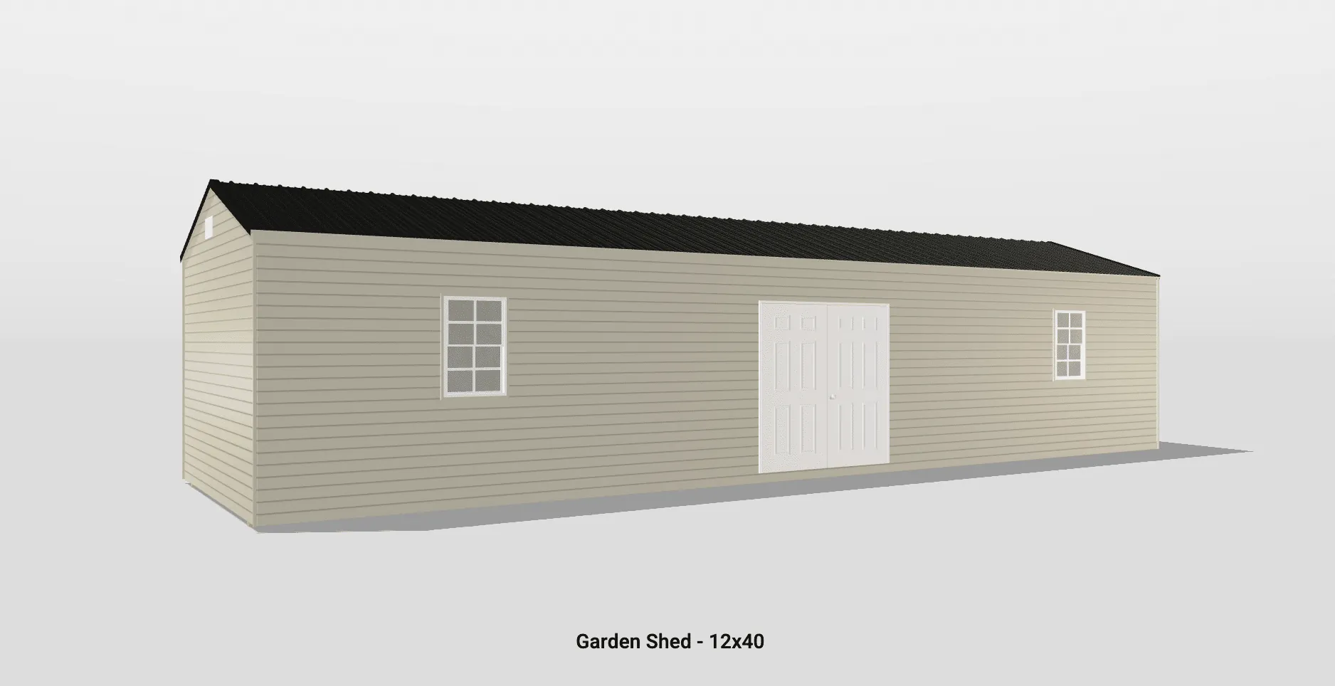 Stylish 12x40 garden shed with double doors, windows, and a sloped black roof.