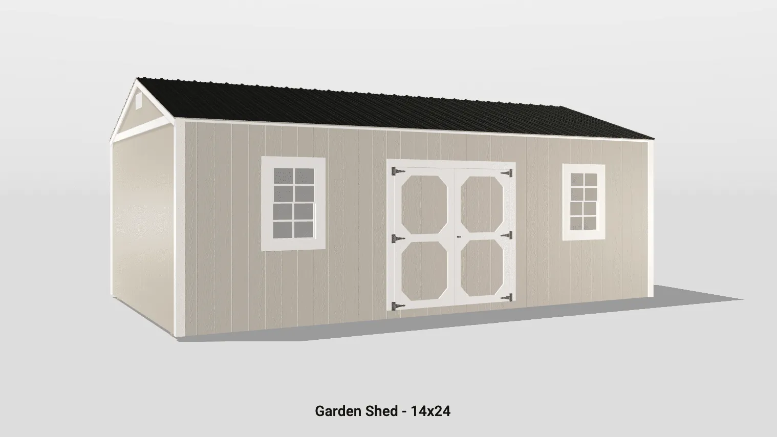 Stylish 14x24 beige garden shed with black roof, double doors, and two windows for light.
