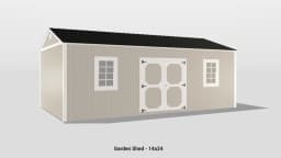 Stylish 14x24 beige garden shed with black roof, double doors, and two windows for light.