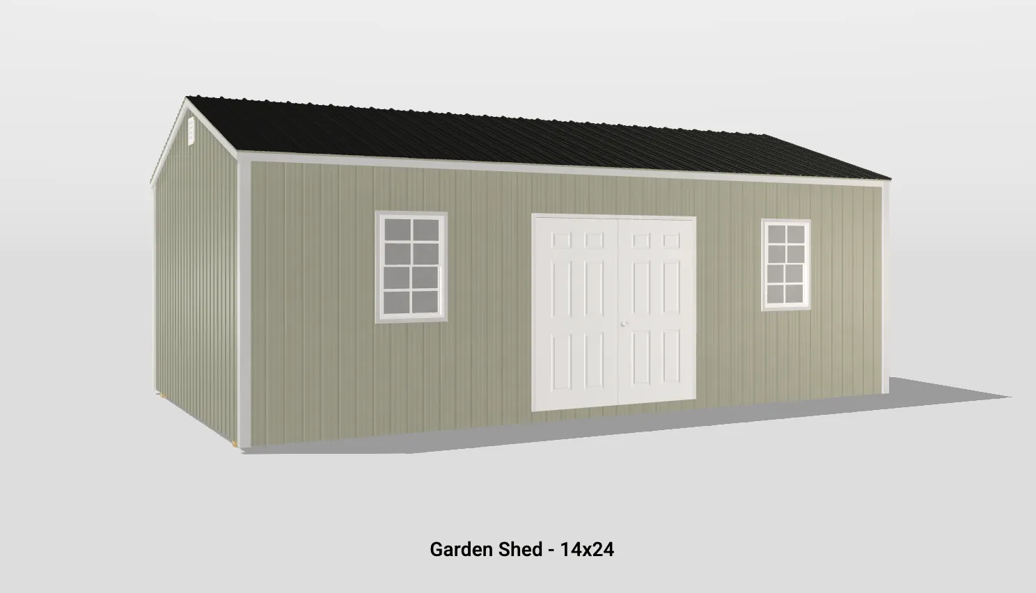 Charming 14x24 garden shed with double white doors and windows, perfect for storage and organization.