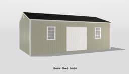 Charming 14x24 garden shed with double white doors and windows, perfect for storage and organization.