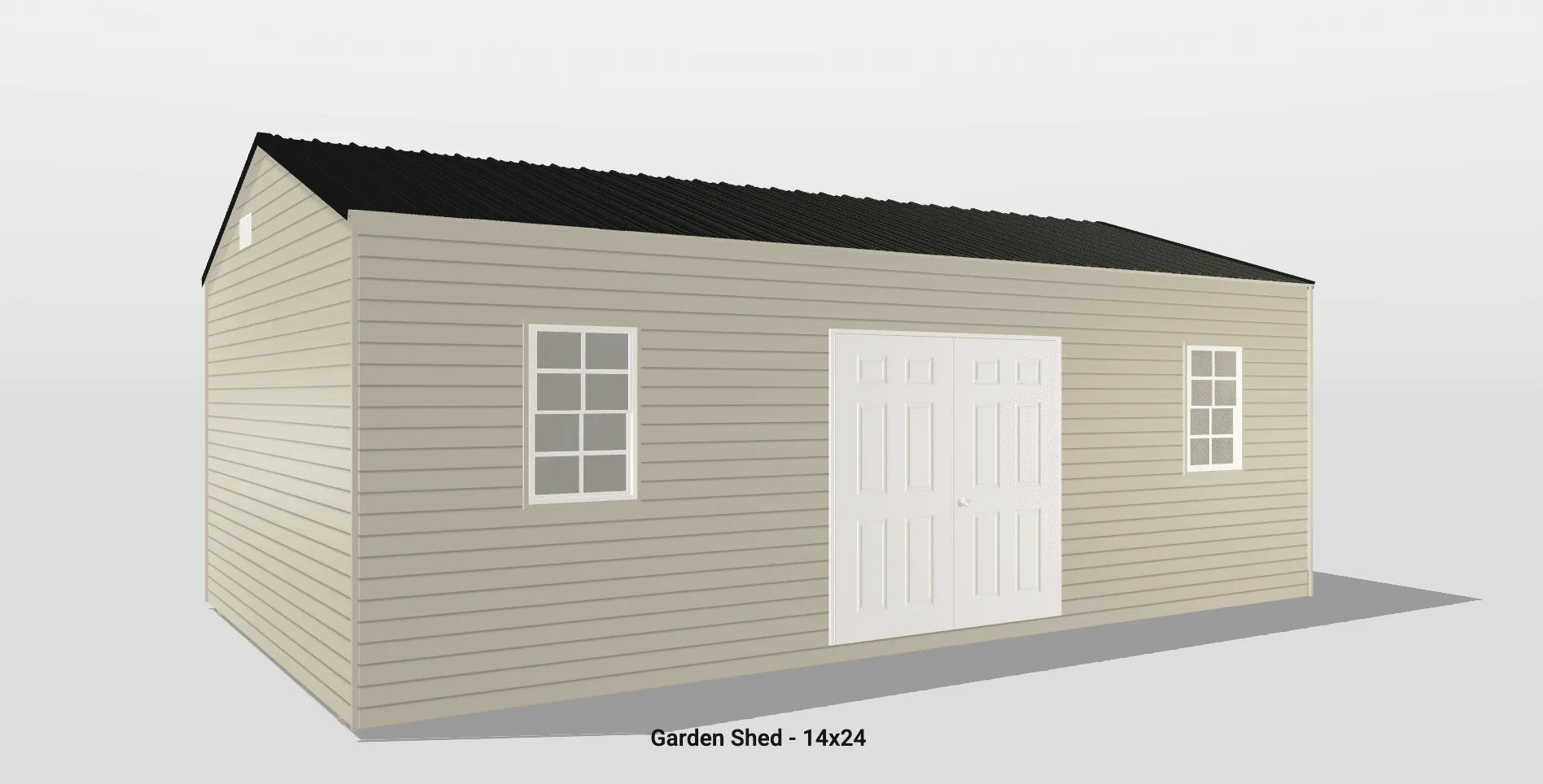 Charming beige garden shed with gabled roof, double doors, and white-framed windows for storage.