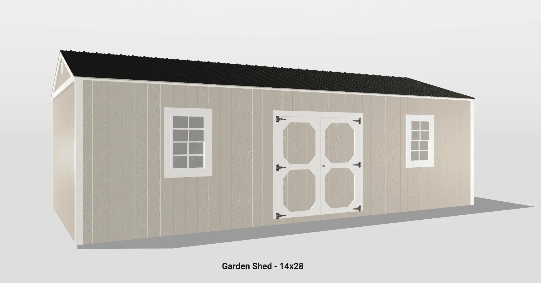 Inviting beige garden shed with double barn doors, white-framed windows, and a dark metal roof.