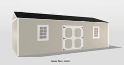 Inviting beige garden shed with double barn doors, white-framed windows, and a dark metal roof.