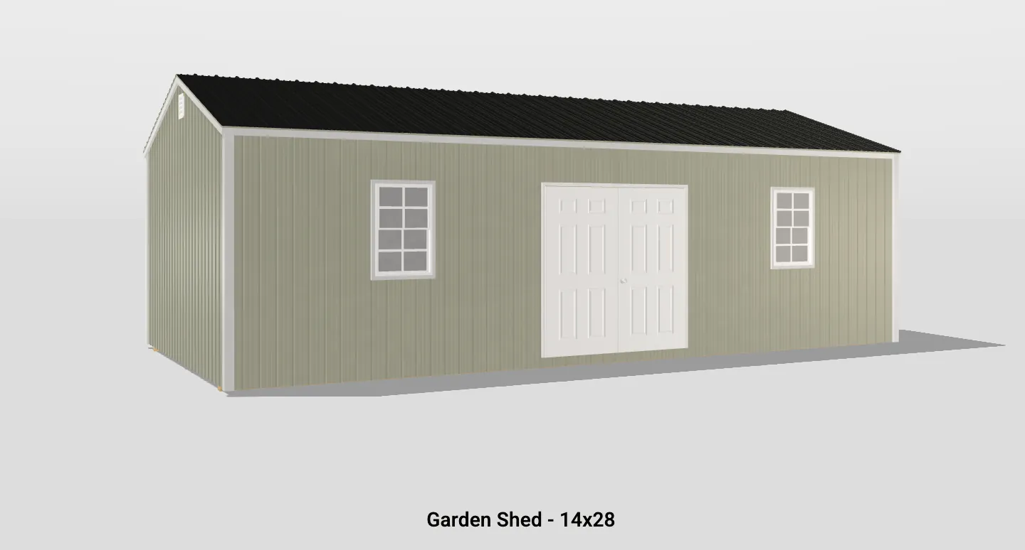 Charming 14x28 garden shed with beige wood paneling, windows, and white double doors for storage.