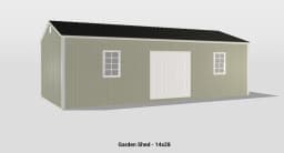 Charming 14x28 garden shed with beige wood paneling, windows, and white double doors for storage.
