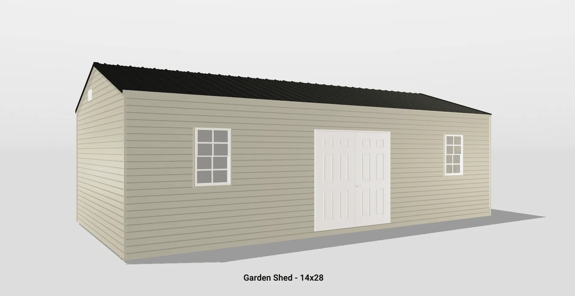 Spacious beige garden shed with double doors and windows, perfect for outdoor storage and hobbies.