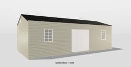 Spacious beige garden shed with double doors and windows, perfect for outdoor storage and hobbies.