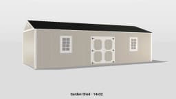 Elegant 14x32 garden shed with double doors, vibrant siding, and a dark shingled roof.