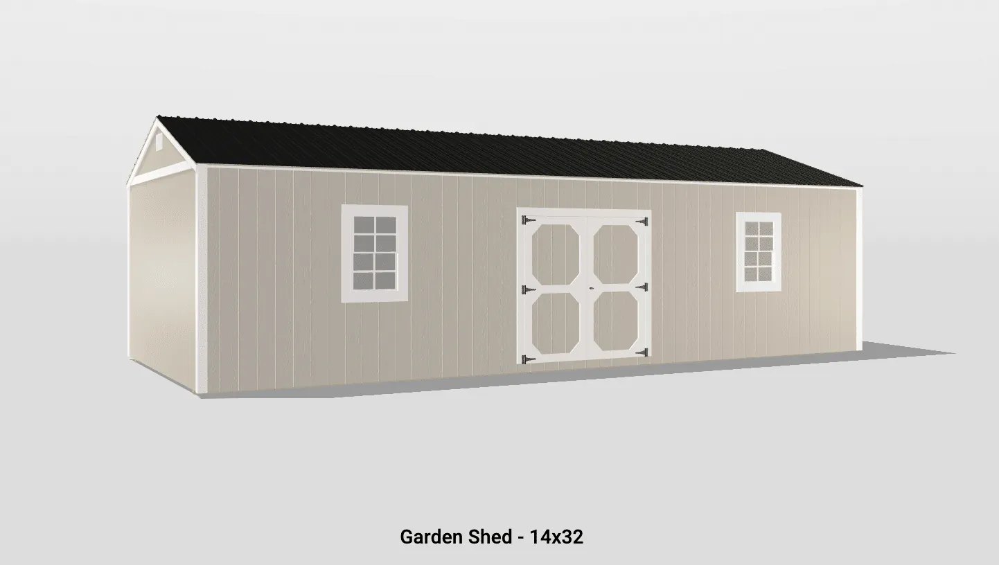 Elegant 14x32 garden shed with double doors, vibrant siding, and a dark shingled roof.