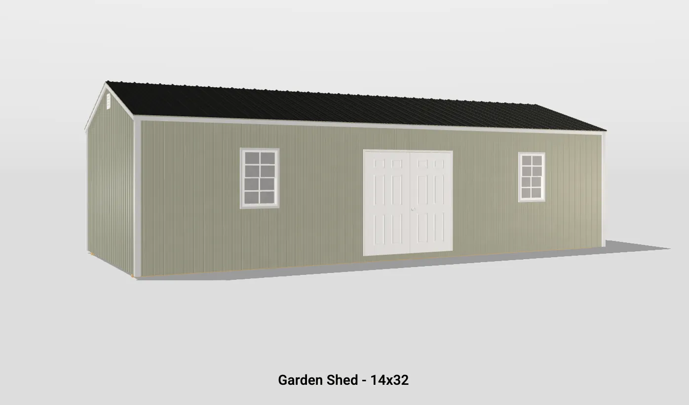 Durable 14x32 garden shed with double doors, windows, and a classic gabled roof design.