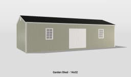Durable 14x32 garden shed with double doors, windows, and a classic gabled roof design.