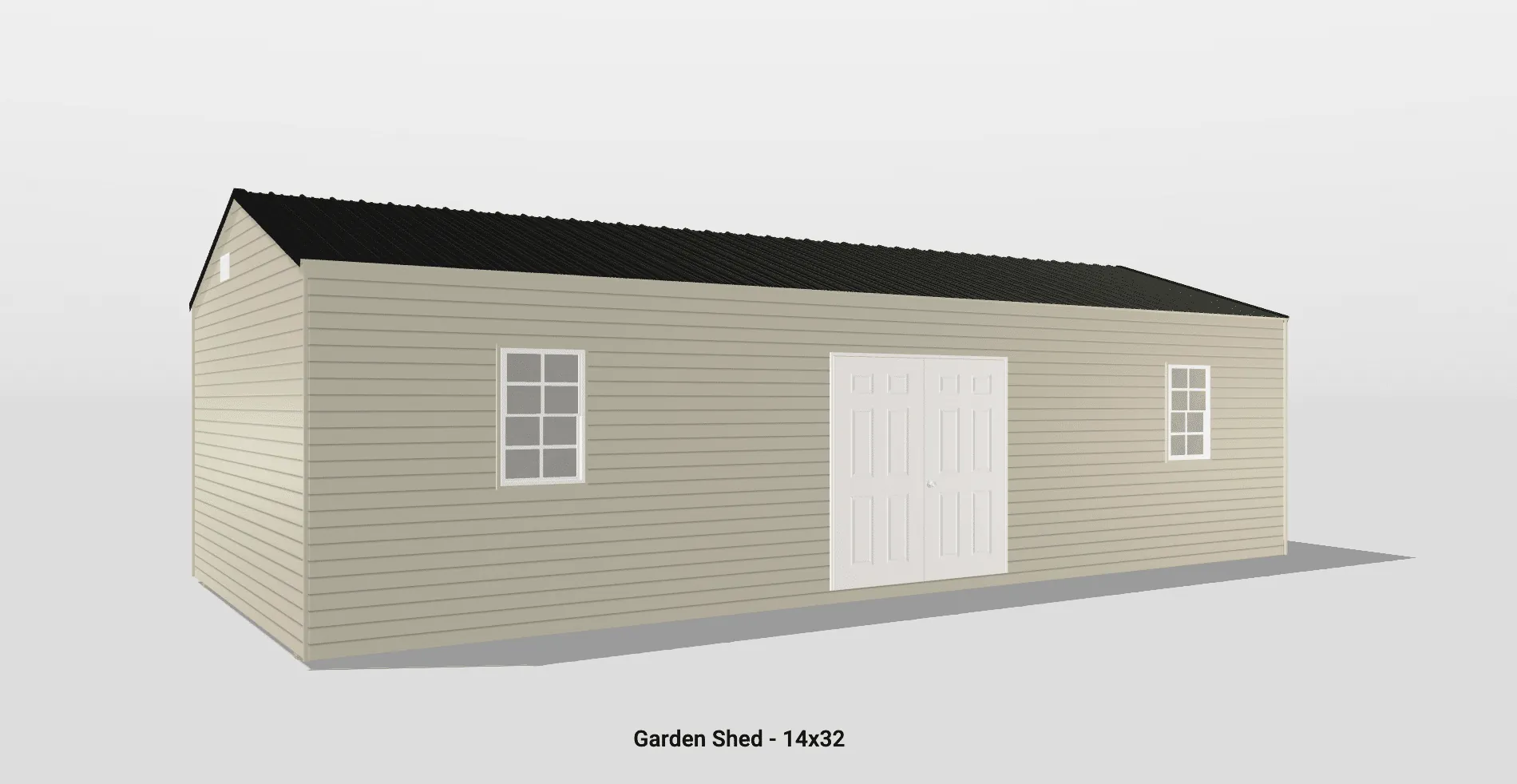 Chic beige garden shed with black roof, double doors, and windows for bright exterior storage.