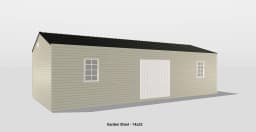 Chic beige garden shed with black roof, double doors, and windows for bright exterior storage.